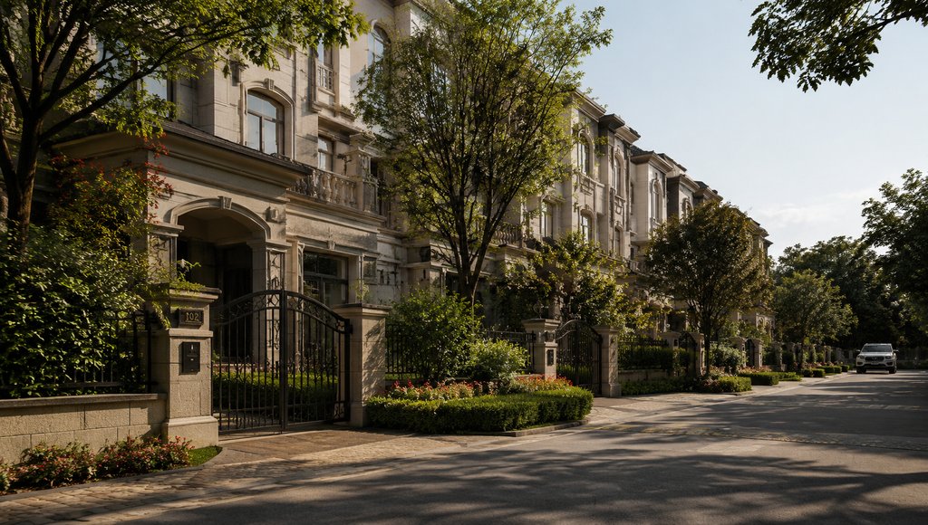 城郊联排别墅区,绿树成荫,现代写实风格住宅街道