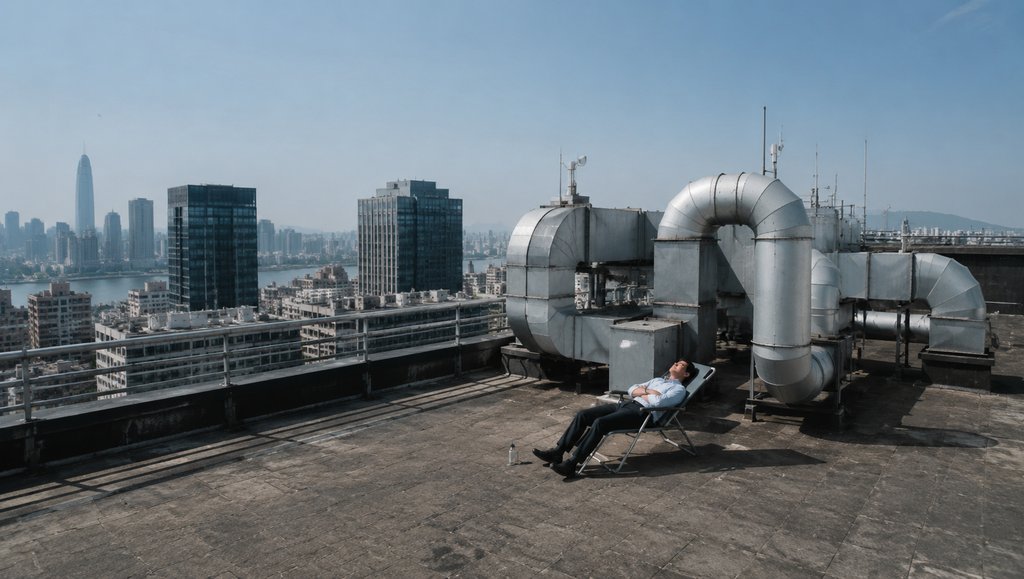 男子躺在写字楼天台的折叠椅上,背景是现代都市高楼与通风管道,写实风格