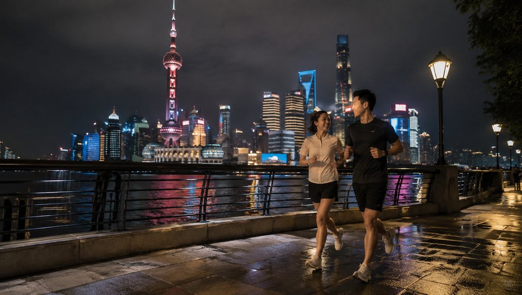 夜晚江边步道上,一对男女正在跑步,背景是璀璨的现代都市夜景,东方明珠塔清晰可见,灯光倒映水中,氛围写实生动。