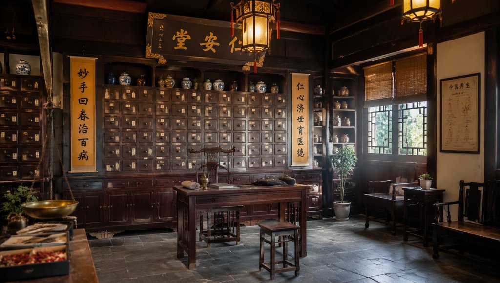 传统中医馆内景，百眼药柜、诊桌、脉枕与古色古香装饰，写实风格