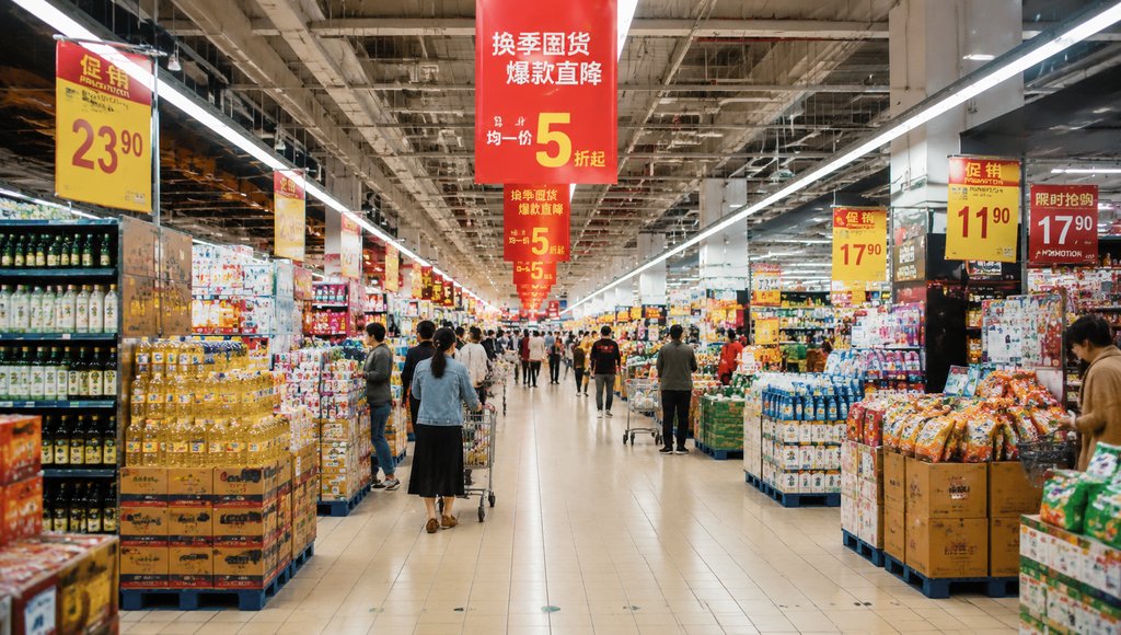 超市内部货架长廊,顾客推购物车选购商品,悬挂促销标,现代都市写实风格