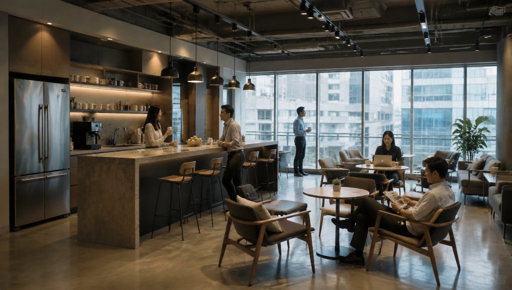 现代公司茶水间，多人在吧台和休息区活动，窗外城市景观，写实风格