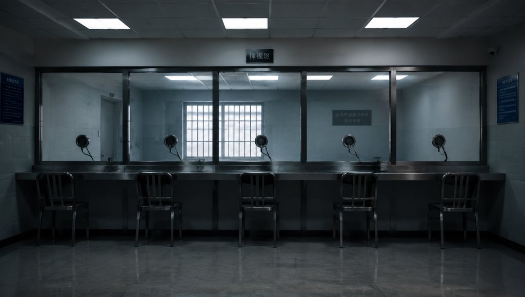 看守所探视室，玻璃隔断与铁椅，冷色调现代写实场景