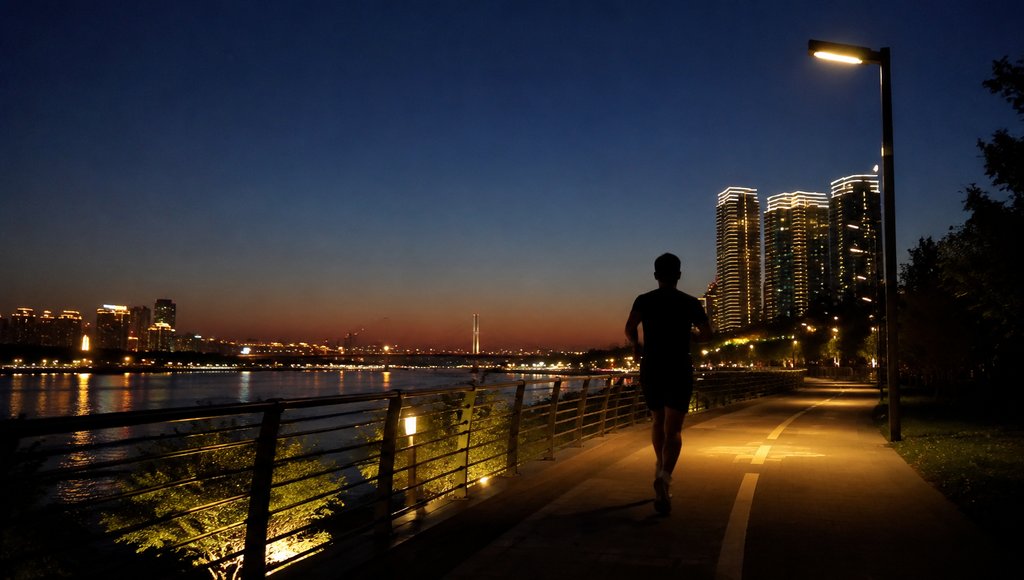 夜色中一名跑者在城市河边步道奔跑,背景是灯火辉煌的现代高楼和水面倒影,灯光柔和,氛围宁静。