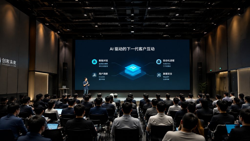 现代路演厅内,演讲者在大屏幕前讲解AI驱动的客户互动,观众席坐满听众,科技感十足的写实场景