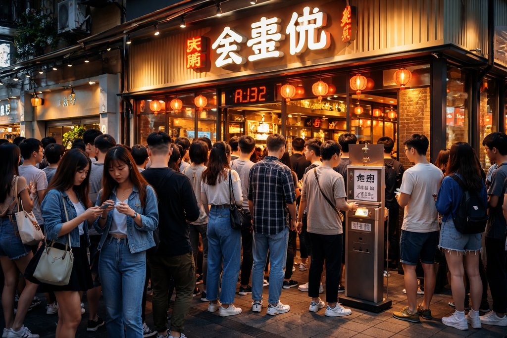 网红餐厅门口人群排队,取号机前等待,暖光招牌与灯笼装饰,现代都市写实风格