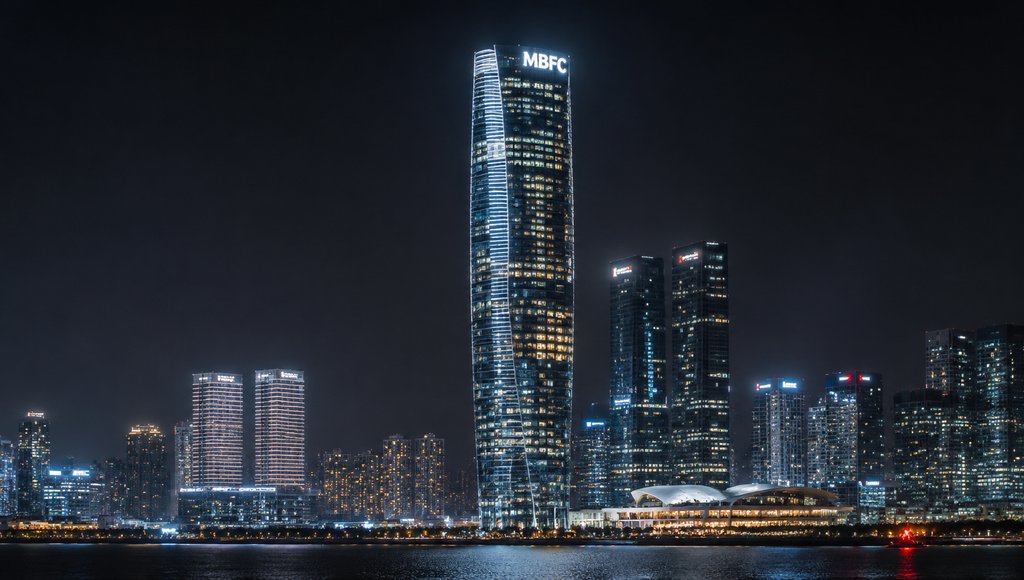 夜景中的CBD摩天大楼群，玻璃幕墙闪耀灯光，顶部显示MBFC标志，现代都市写实风格