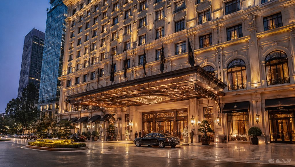 宏伟的五星级酒店夜景,金色灯光照亮古典建筑立面,门前停着豪华轿车,现代都市氛围
