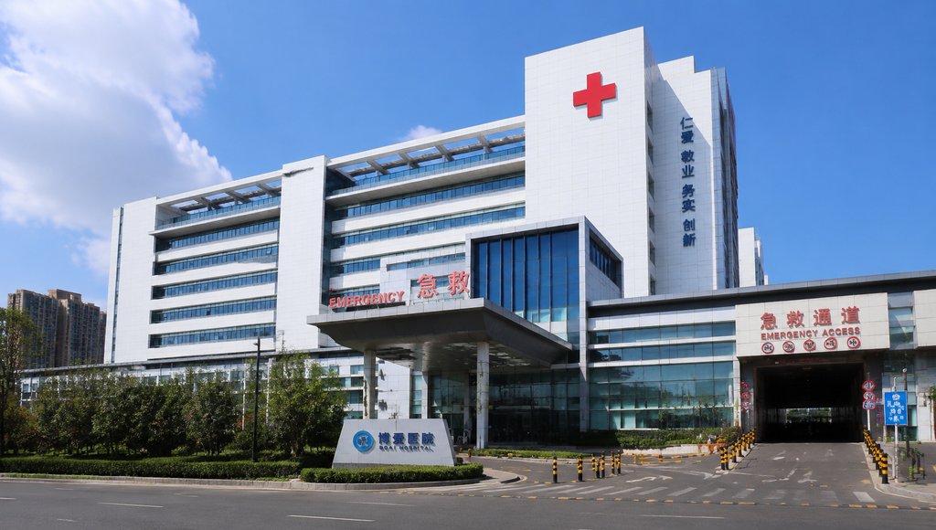 现代医院大楼,白蓝立面,红十字标志,急救通道入口,写实建筑风格