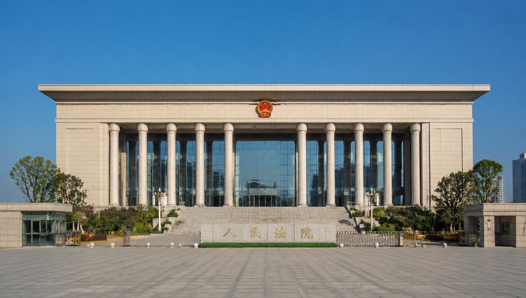 现代法院大楼，正面立柱与台阶，法徽醒目，广场开阔，写实建筑风格