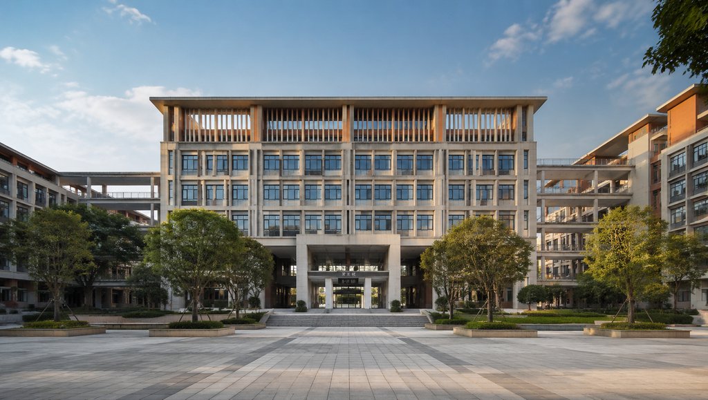 现代大学教学楼,规整立面与连廊设计,前方开阔广场,绿树环绕,写实建筑风格