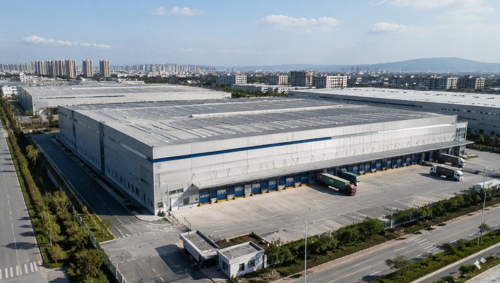 现代物流仓储园，连片仓库建筑，蓝色卷帘门与月台，写实风格