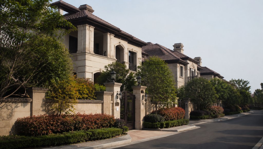城郊连排别墅区，现代欧式建筑风格，绿植环绕，私家道路宁静优雅