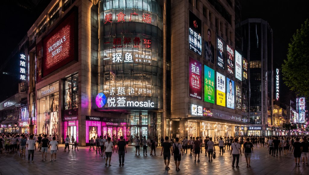 夜晚繁华步行街商业楼,密集霓虹招牌与橱窗,现代都市写实风格