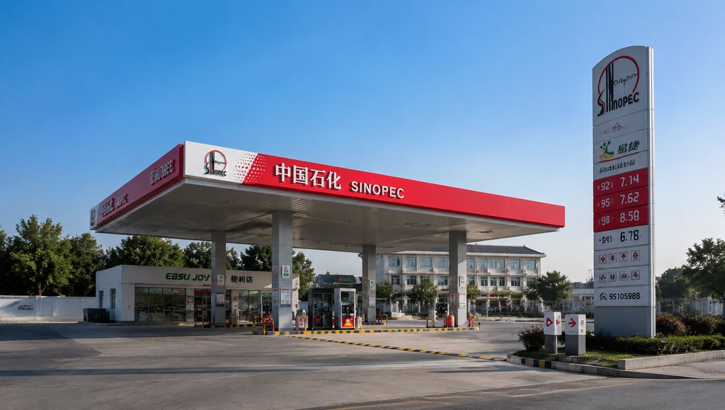 中国石化加油站,红色罩棚,油价显示屏,便利店,现代都市写实风格