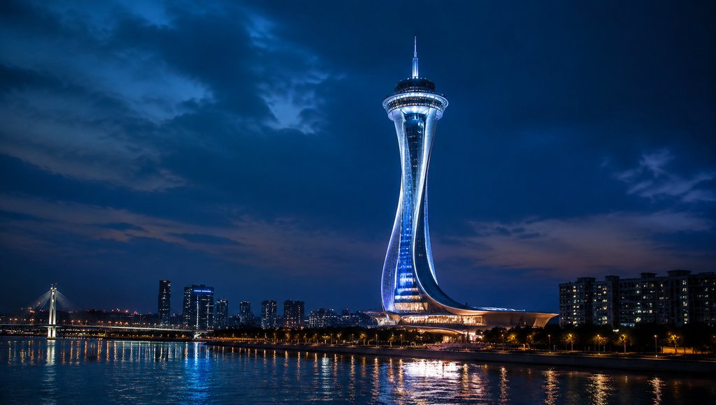 夜晚灯光下的流线型观景塔,倒映在江面,现代都市夜景