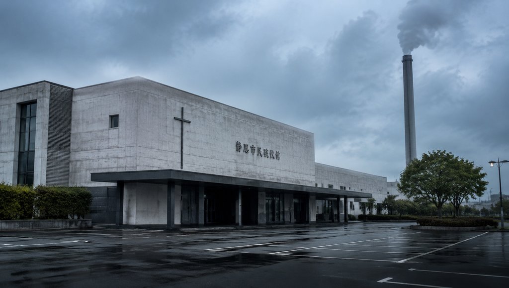 现代殡仪馆建筑，灰白混凝土立面，十字架标志，阴天背景，烟囱冒烟，空旷停车场