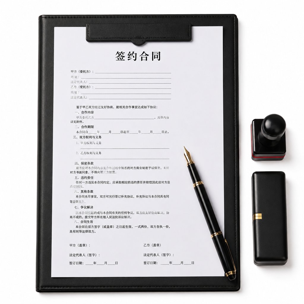 现代都市写实风格的合同文件、钢笔、印章和公文夹，黑色皮革质感，简洁专业