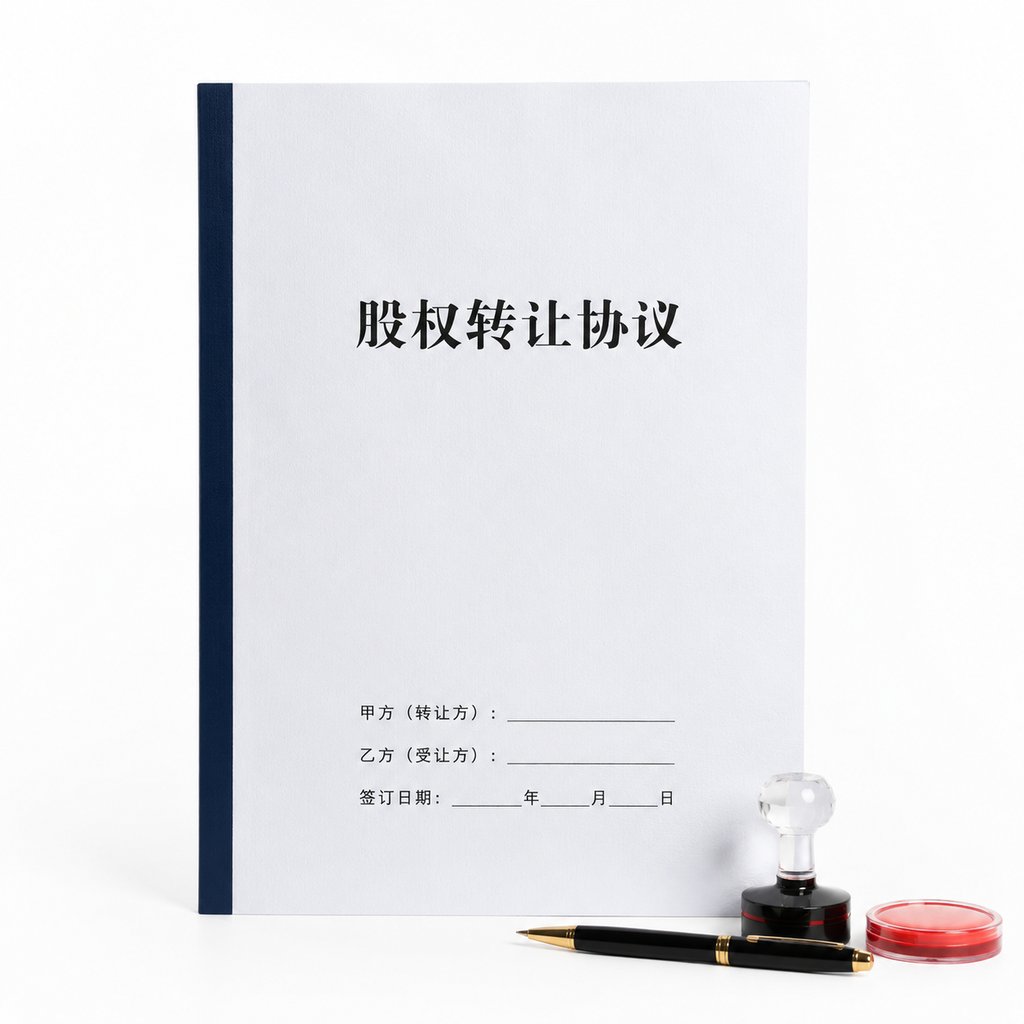 股权转让协议文件，白色封面配深蓝书脊，附签字栏、钢笔与红色印章，现代都市写实风格
