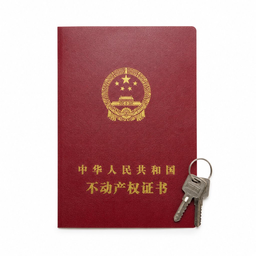 红色房产证封面，金色国徽和烫金文字，配金属钥匙，写实风格