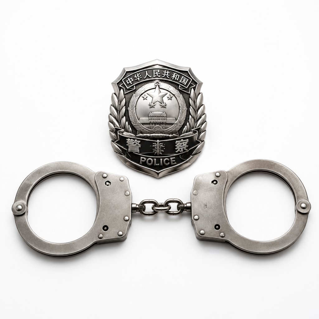 警徽与手铐的金属执法道具，写实风格3D渲染图