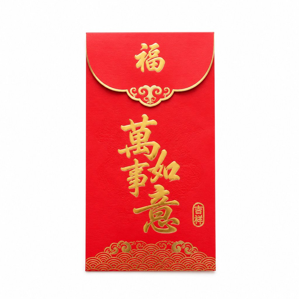 红色烫金红包,印有“万事如意”字样,封口处饰有祥云图案,现代写实风格