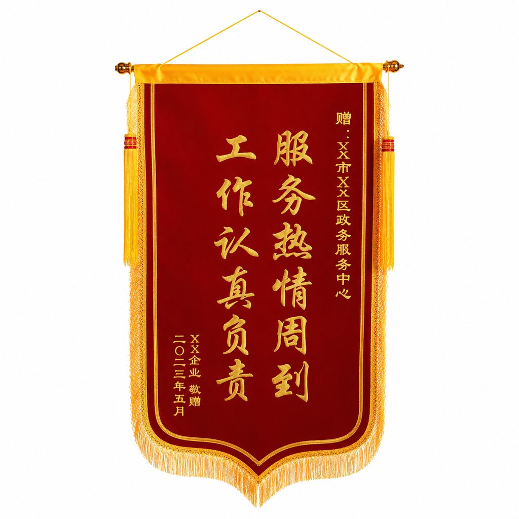 红色锦旗,烫金文字,金色流苏,现代都市写实风格道具
