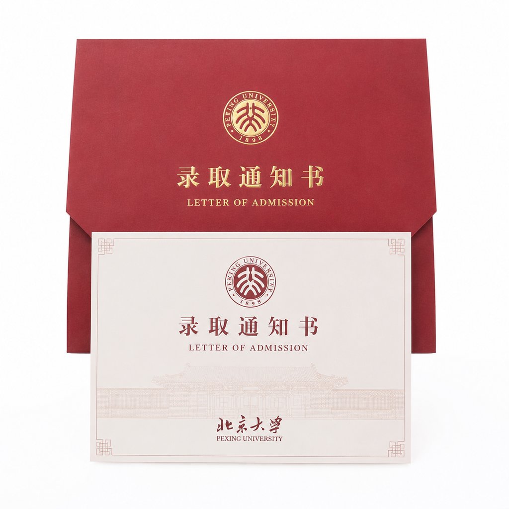 北京大学录取通知书，红色信封配金色校徽和烫金文字，现代写实风格