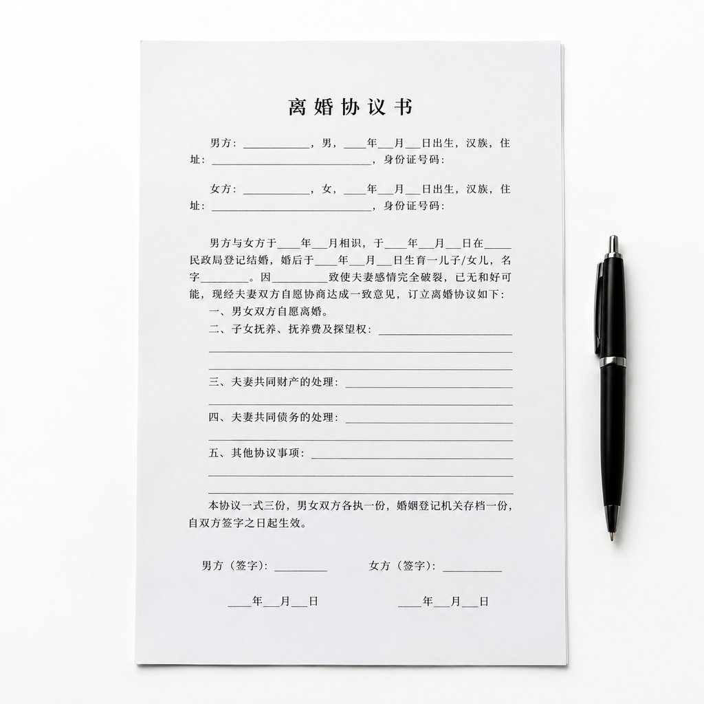 离婚协议书文件与黑色钢笔，现代都市写实风格道具图