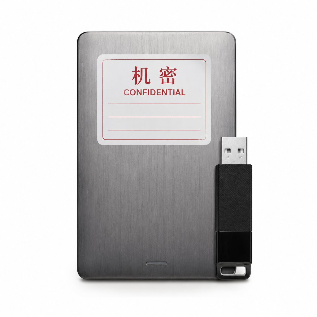 金属外壳U盘移动硬盘，贴有红色‘机密’标签，现代都市写实风格道具