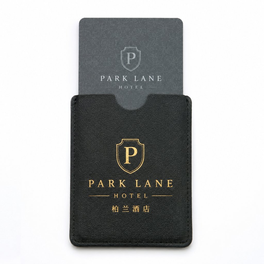 黑色皮质卡套内插灰色酒店房卡，金色Park Lane Hotel标志，现代都市写实风格
