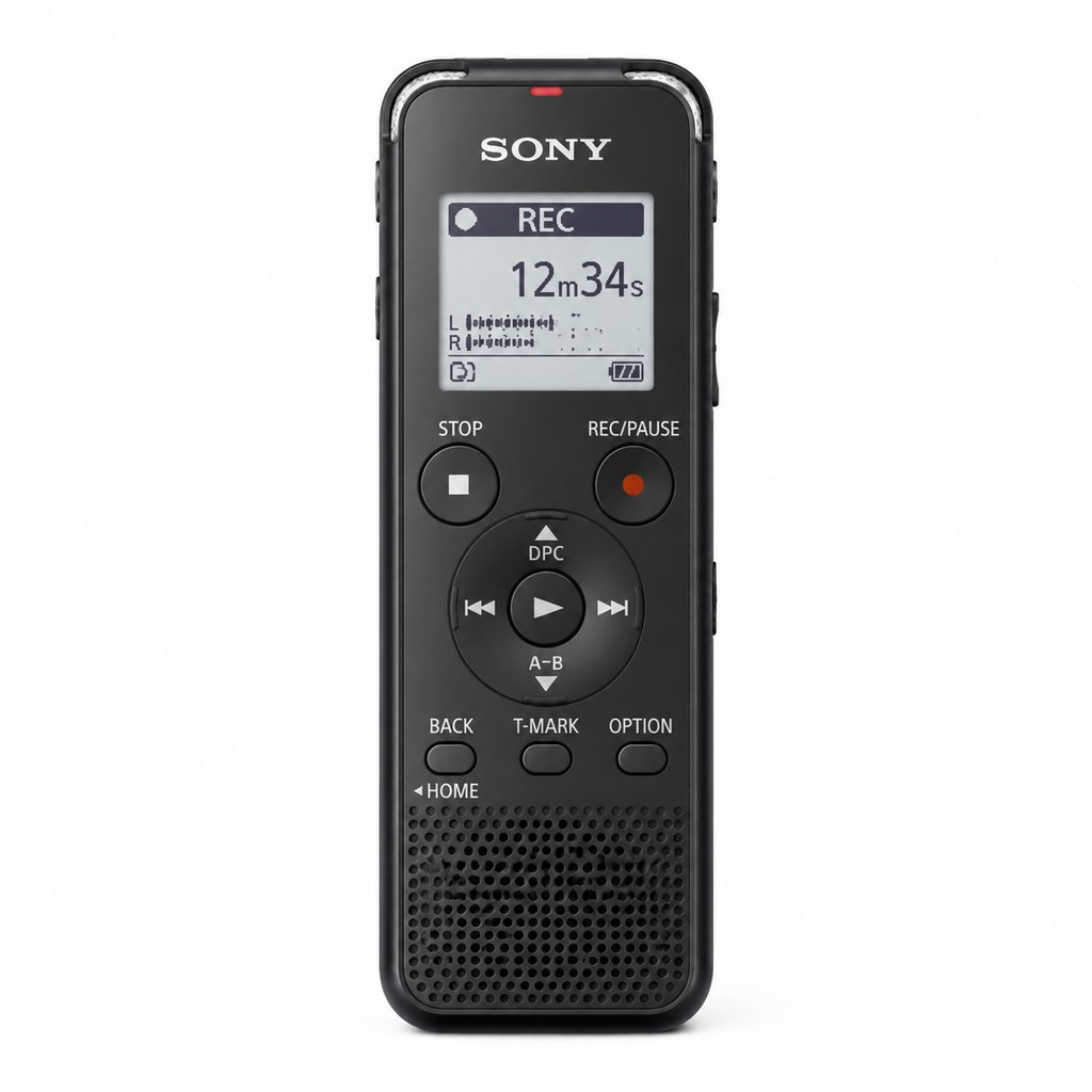 黑色Sony录音笔,金属外壳,显示屏显示录制状态,现代都市写实风格