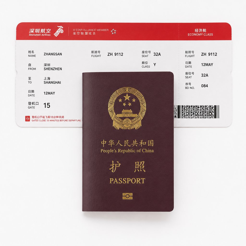 深圳航空登机牌与中华人民共和国护照，现代都市出行证件写实道具图