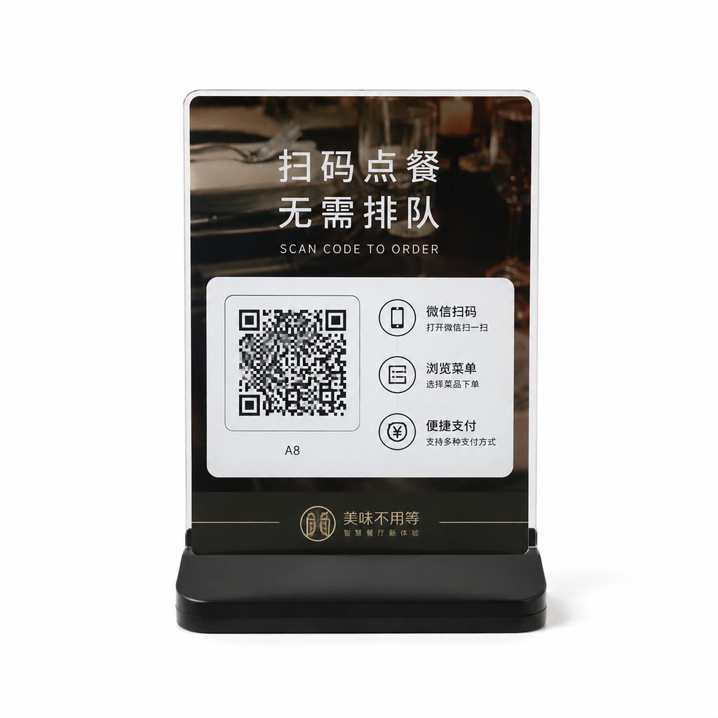 现代餐厅扫码点餐机，黑色立式设计，屏幕显示二维码和操作指引，简约写实风格