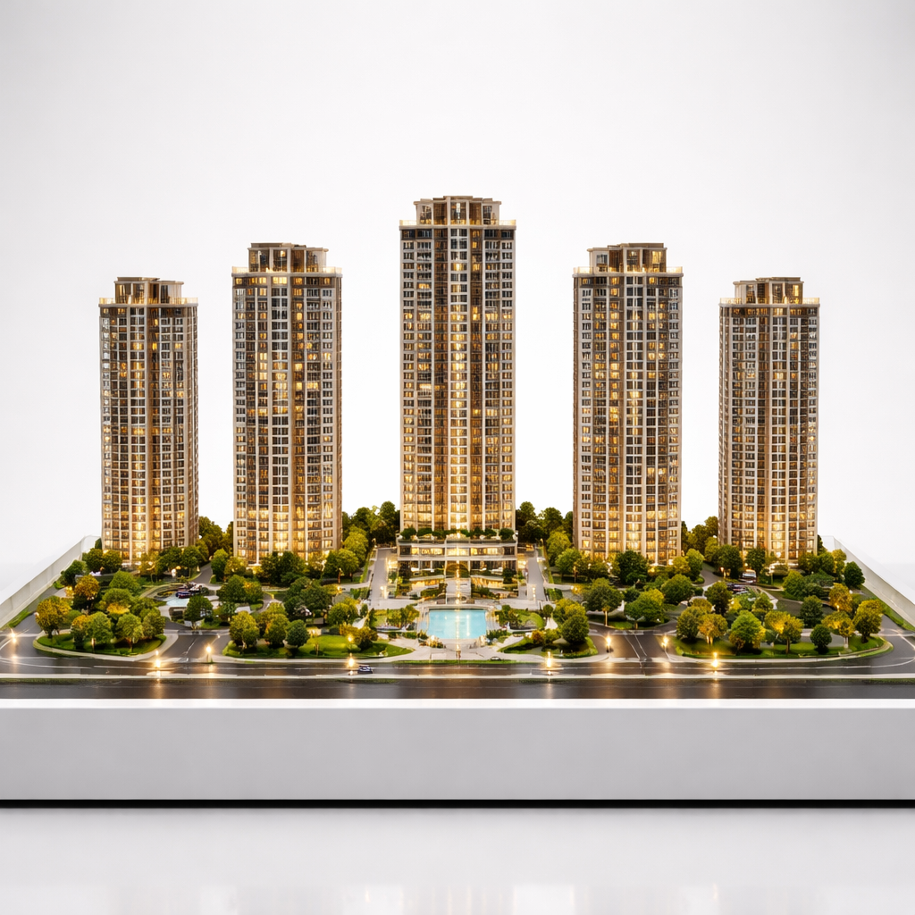 现代都市豪宅模型沙盘，五栋高层建筑环绕中央泳池，灯光璀璨，绿植环绕，写实微缩场景
