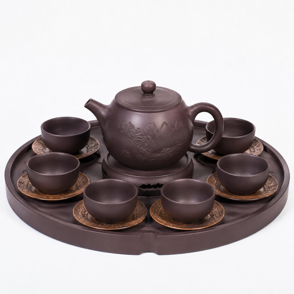 紫砂茶具套装，含茶壶与六杯托，现代写实风格