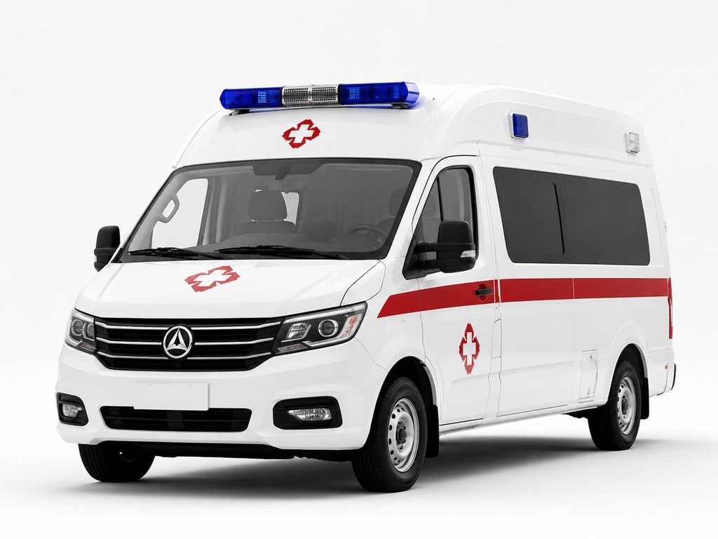 白色救护车，红色十字标志，蓝色警灯，现代都市写实风格3D渲染图