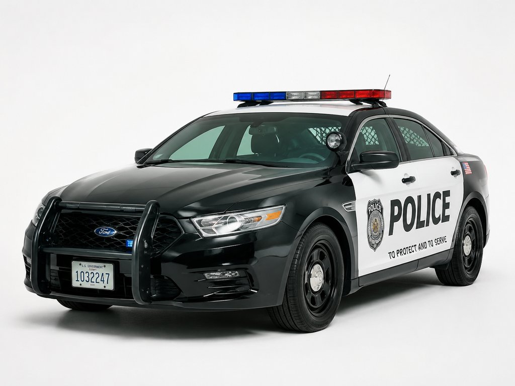 现代警车，黑白涂装，警徽与警灯，写实风格