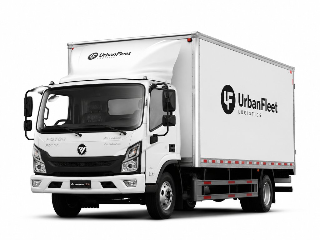 白色厢式物流货车，车身上印有UrbanFleet Logistics标志，现代都市写实风格