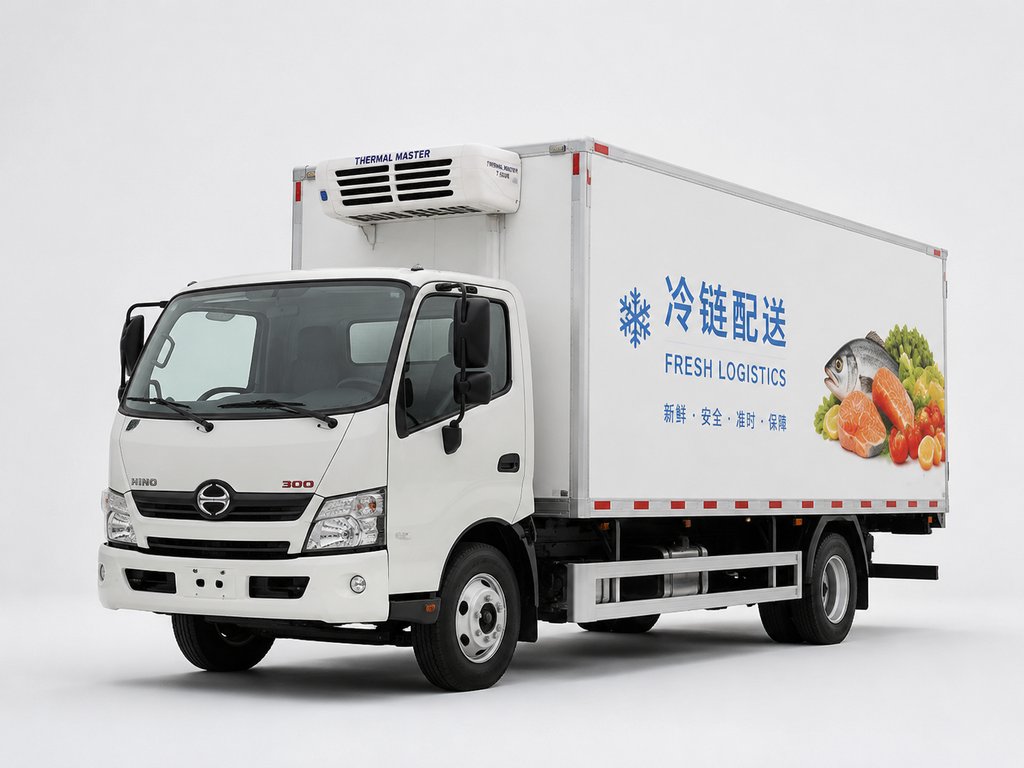 白色冷链配送车，车身印有生鲜图案和“冷链配送”字样，配备制冷机组，现代都市写实风格