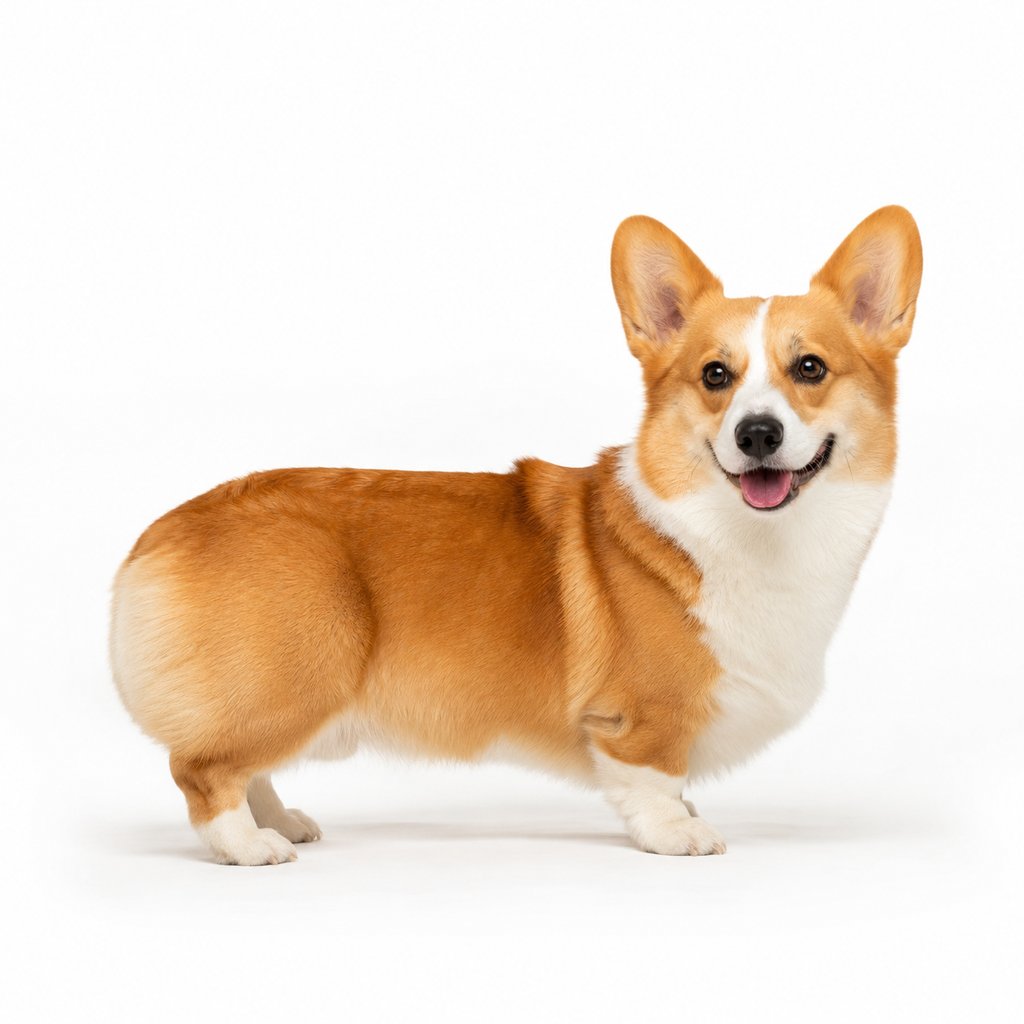 柯基犬站立,短腿立耳,毛色棕白相间,表情萌态可掬,现代都市写实风格