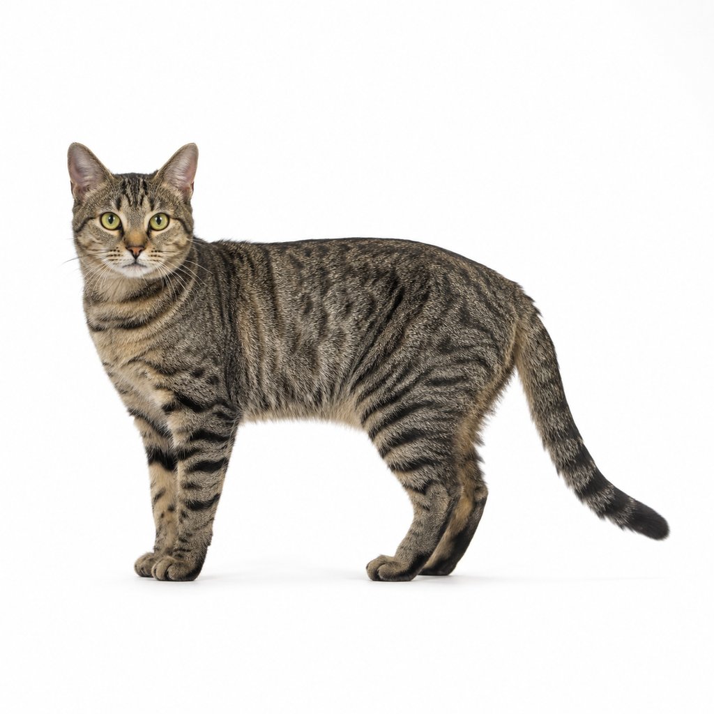 一只站立的狸花猫，毛色斑驳，眼神灵动，写实风格