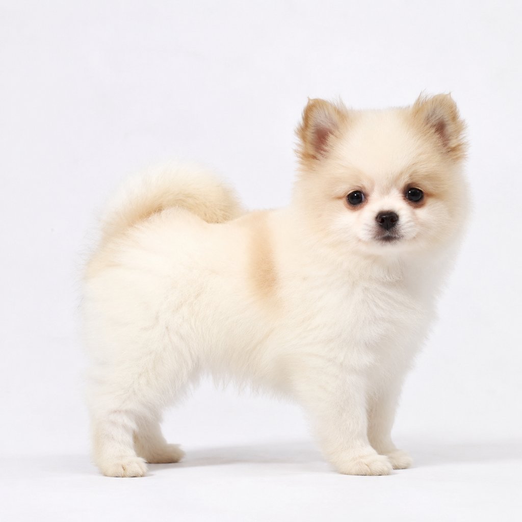 白色博美幼犬,毛茸茸,站立姿态,可爱萌态,写实风格