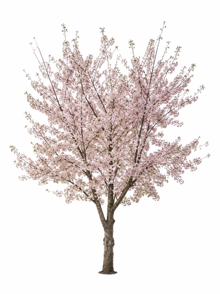 盛开的樱花树,粉白繁花,枝叶舒展,现代都市写实风格