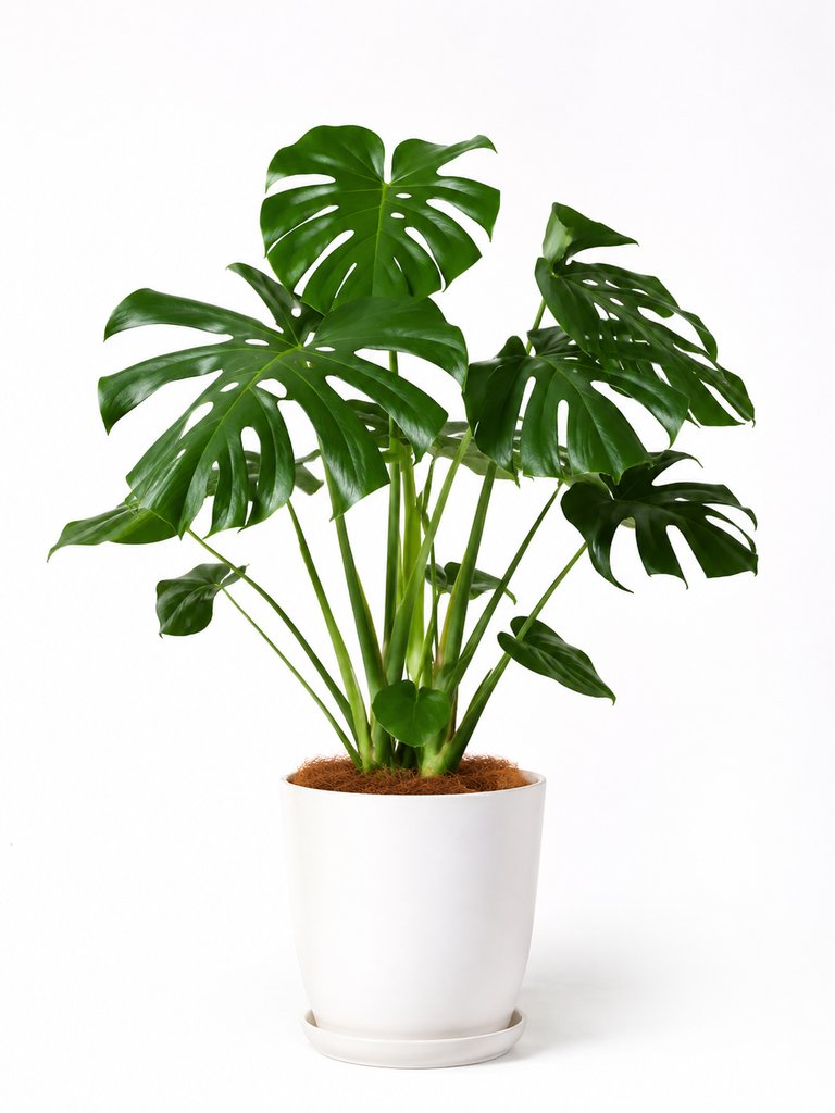 现代都市风格绿植盆栽，白色花盆中生长着茂盛的龟背竹，叶片宽大翠绿，背景简洁纯净