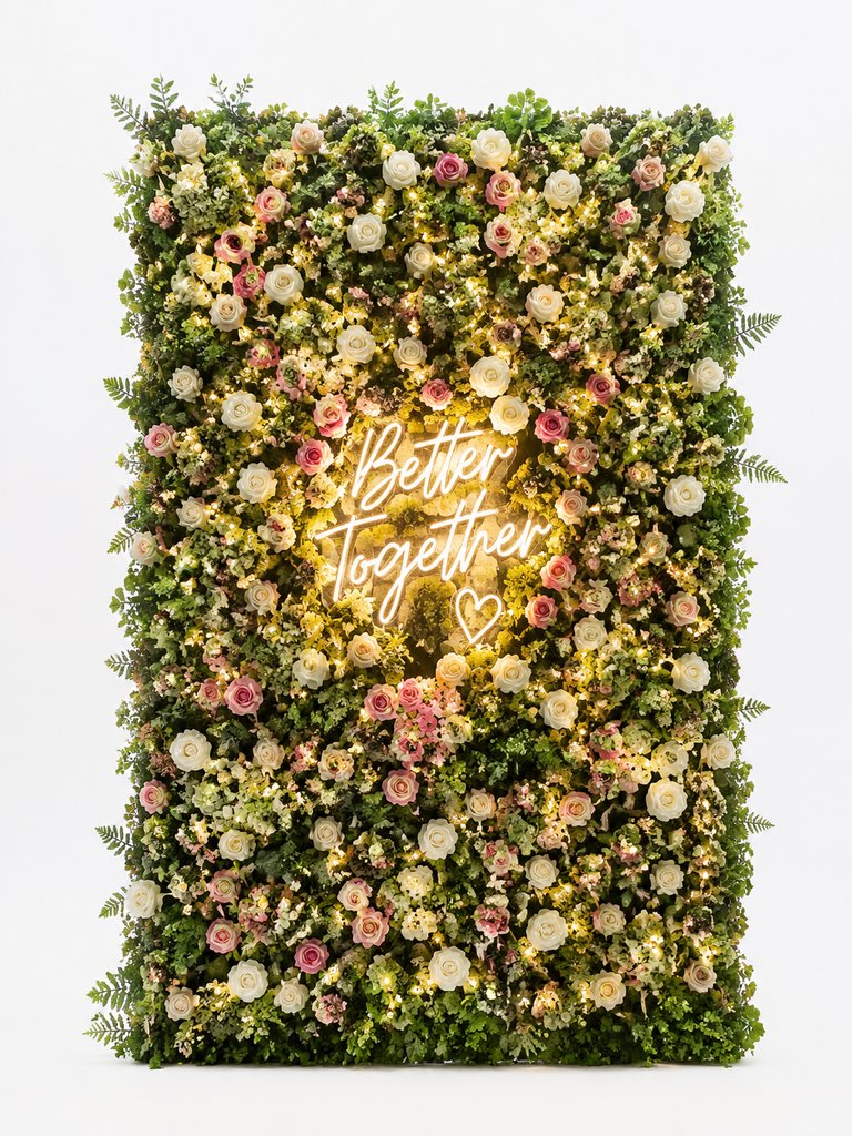 室内花墙装饰,密集花卉与绿植环绕发光文字'Better Together',现代都市写实风格