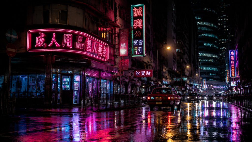 夜晚雨中霓虹闪烁的城市街景，彩色招牌倒映在湿漉漉的路面，充满迷离氛围的现代都市写实画面