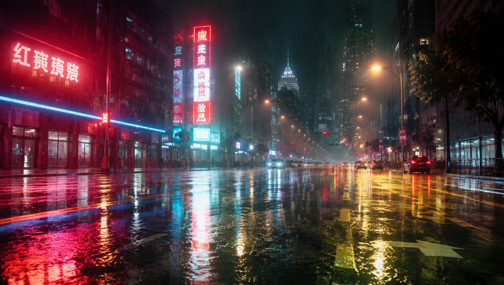 雨夜城市街道，霓虹灯在湿漉漉的路面反射，雨丝飘落，现代都市夜景