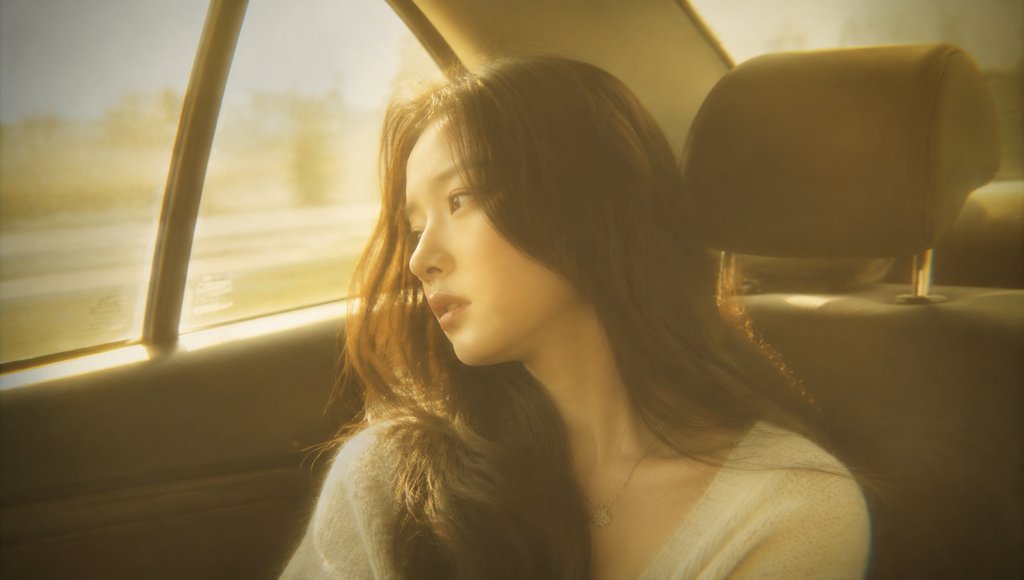 一位年轻女子坐在车内，阳光透过车窗洒在脸上，泛黄柔焦光晕营造怀旧氛围，现代都市写实风格