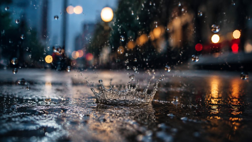 雨滴溅落瞬间，晶莹水珠飞散，城市夜景虚化背景，唯美写实风格